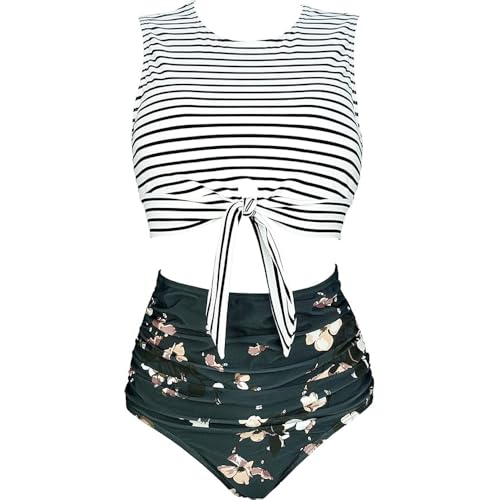 VILOREE Damen Bikini Sets Bademode Schwimmanzug Zweiteiliger Badeanzug Knotenfront High Waist Bauchkontrolle Schwarz & Streifen 2XL von VILOREE