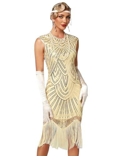 VILOREE Damen Kleid voller Pailletten 20er Stil Runder Ausschnitt Inspiriert von Great Gatsby Kostüm Kleid Beige 2XL von VILOREE