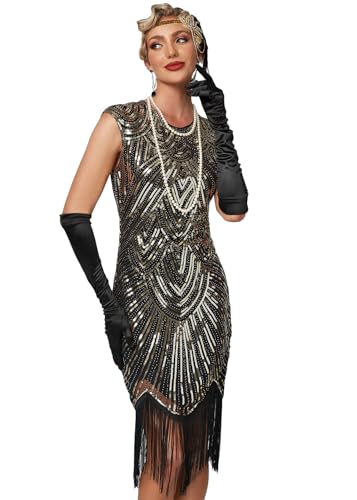 VILOREE Damen Kleid voller Pailletten 20er Stil Runder Ausschnitt Inspiriert von Great Gatsby Kostüm Kleid Gold und Schwarz 2XL von VILOREE