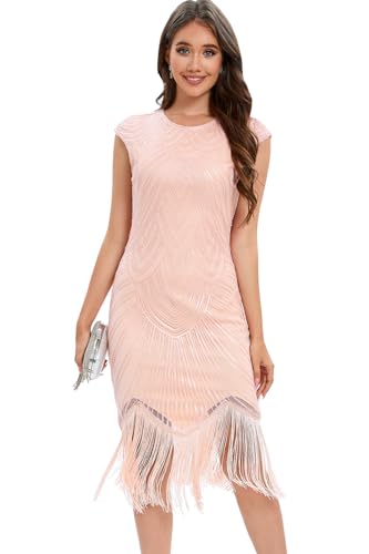 VILOREE Damen Kleid voller Pailletten 20er Stil Runder Ausschnitt Inspiriert von Great Gatsby Kostüm Kleid Rosa 2XL von VILOREE