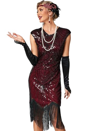 VILOREE Damen Kleid voller Pailletten 20er Stil Runder Ausschnitt Inspiriert von Great Gatsby Kostüm Kleid Rot und Schwarz-2 2XL von VILOREE