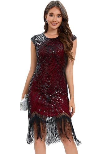 VILOREE Damen Kleid voller Pailletten 20er Stil Runder Ausschnitt Inspiriert von Great Gatsby Kostüm Kleid Rot und Schwarz 2XL von VILOREE