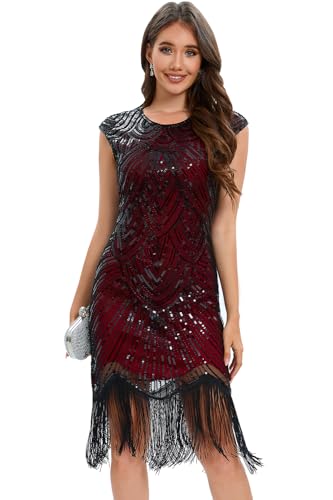 VILOREE Damen Kleid voller Pailletten 20er Stil Runder Ausschnitt Inspiriert von Great Gatsby Kostüm Kleid Rot und Schwarz 3XL von VILOREE