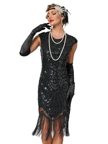 VILOREE Damen Kleid voller Pailletten 20er Stil Runder Ausschnitt Inspiriert von Great Gatsby Kostüm Kleid Schwarz 2XL von VILOREE