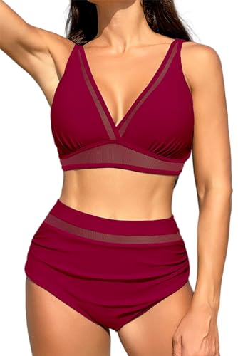 VILOREE Damen Mesh Bikini Set High Waist Zweiteiliger Bademode Wickeloptik V Ausschnitt Bauchkontrolle Burgundy L von VILOREE