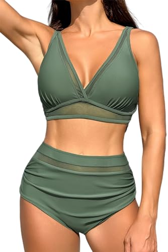 VILOREE Damen Mesh Bikini Set High Waist Zweiteiliger Bademode Wickeloptik V Ausschnitt Bauchkontrolle Grün S von VILOREE