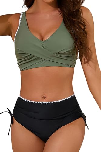 VILOREE Damen Mesh Bikini Set High Waist Zweiteiliger Bademode Wickeloptik V Ausschnitt Bauchkontrolle Grün & Schwarz (139) M von VILOREE