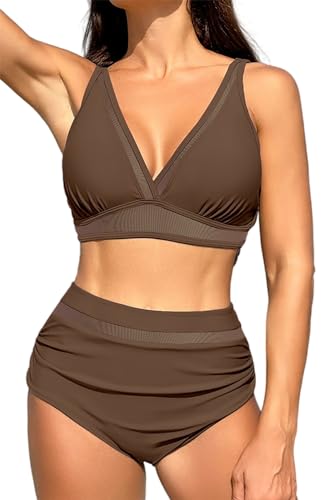 VILOREE Damen Mesh Bikini Set High Waist Zweiteiliger Bademode Wickeloptik V Ausschnitt Bauchkontrolle Kaffeefarbe S von VILOREE