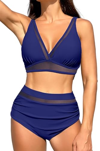 VILOREE Damen Mesh Bikini Set High Waist Zweiteiliger Bademode Wickeloptik V Ausschnitt Bauchkontrolle Navy M VILOREE Damen Mesh Bikini Set High Waist Zweiteiliger Bademode Wickeloptik V Ausschnitt Bauchkontrolle Navy M von VILOREE