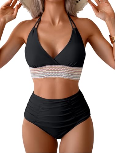 VILOREE Damen Mesh Bikini Set High Waist Zweiteiliger Bademode Wickeloptik V Ausschnitt Bauchkontrolle Schwarz (132) L von VILOREE