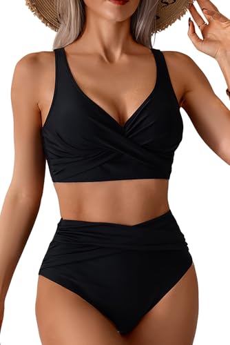 VILOREE Damen Mesh Bikini Set High Waist Zweiteiliger Bademode Wickeloptik V Ausschnitt Bauchkontrolle Schwarz (133) M von VILOREE