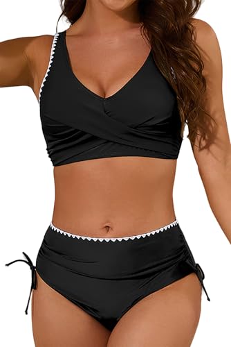 VILOREE Damen Mesh Bikini Set High Waist Zweiteiliger Bademode Wickeloptik V Ausschnitt Bauchkontrolle Schwarz (139) XL von VILOREE