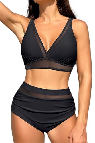 VILOREE Damen Mesh Bikini Set High Waist Zweiteiliger Bademode Wickeloptik V Ausschnitt Bauchkontrolle Schwarz M von VILOREE