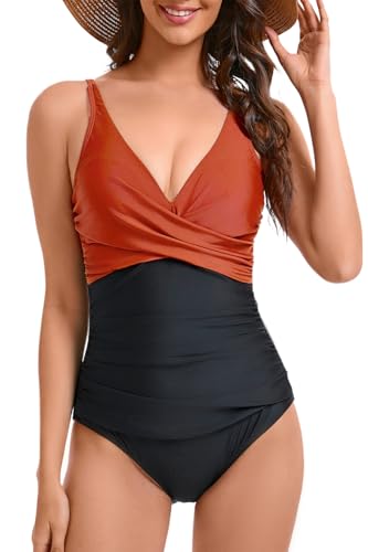 VILOREE Damen Monokini Bauchweg Schlankheits Badeanzug Plus Size Badebekleidung Bauchweg für Mollige Rot & Schwarz XXL von VILOREE