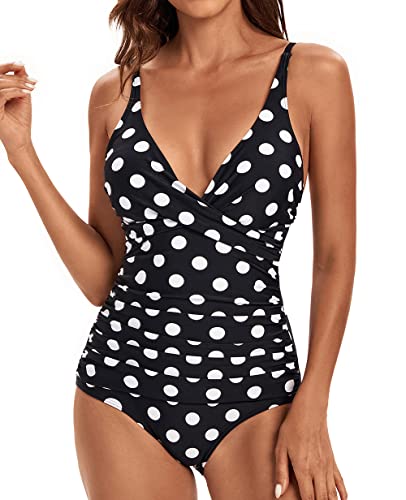 VILOREE Damen Monokini Bauchweg Schlankheits Badeanzug Plus Size Badebekleidung Bauchweg für Mollige Schwarz mit Weisse Punkte M von VILOREE