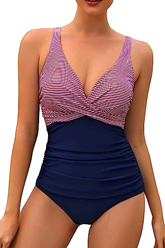 VILOREE Damen Monokini Bauchweg Schlankheits Badeanzug Plus Size Badebekleidung Bauchweg für Mollige Streifen & rot XL von VILOREE