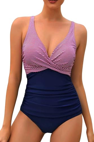 VILOREE Damen Monokini Bauchweg Schlankheits Badeanzug Plus Size Badebekleidung Bauchweg für Mollige Streifen & Rot XXXL von VILOREE