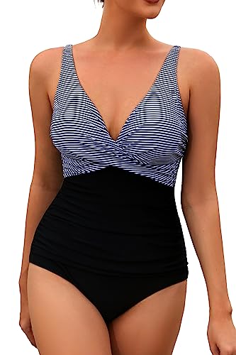 VILOREE Damen Monokini Bauchweg Schlankheits Badeanzug Plus Size Badebekleidung Bauchweg für Mollige Streifen & schwarz M von VILOREE