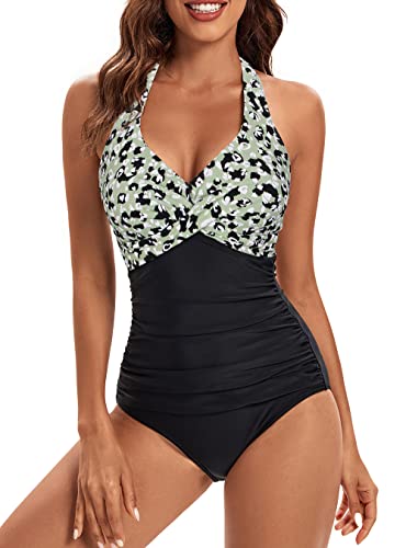 VILOREE Damen Badeanzug Einteiliger Bademode Schwimmanzug Neckholder V-Ausschnitt Rückenfrei Push Up Figurformend Bauchweg Grün mit Blumen Druck XXL von VILOREE