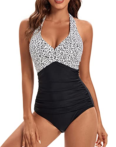 VILOREE Damen Badeanzug Einteiliger Bademode Schwimmanzug Neckholder V-Ausschnitt Rückenfrei Push Up Figurformend Bauchweg Weiss mit Blumen Druck M von VILOREE