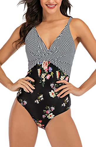 VILOREE Damen Push Up Badeanzüge Einteilige Bademode Schwimmanzug V-Ausschnitt Bauchweg Schlankheits Streifen+Blumen L von VILOREE