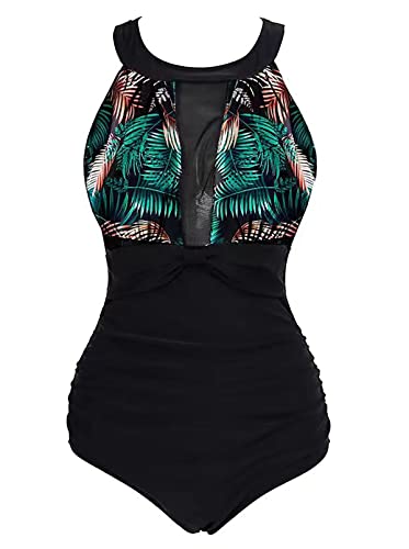 VILOREE Damen Schlankheits Badeanzug Raffung Einteiler High Neck Bademode Strandmode Blätter L von VILOREE