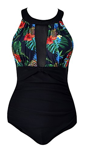 VILOREE Damen Schlankheits Badeanzug Raffung Einteiler High Neck Bademode Strandmode Blumen #1 M von VILOREE