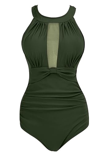 VILOREE Damen Schlankheits Badeanzug Raffung Einteiler High Neck Bademode Strandmode Grün 2XL von VILOREE