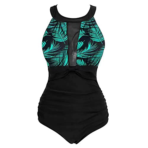 VILOREE Damen Schlankheits Badeanzug Raffung Einteiler High Neck Bademode Strandmode Grün Blätter 3XL von VILOREE