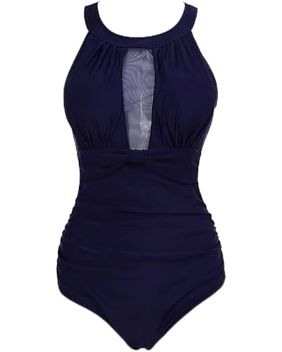 VILOREE Damen Schlankheits Badeanzug Raffung Einteiler High Neck Bademode Strandmode Navy L von VILOREE