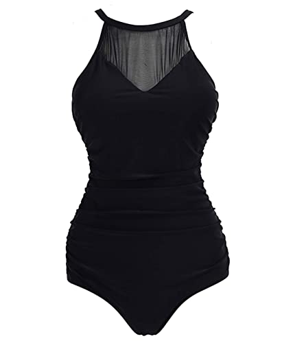 VILOREE Damen Schlankheits Badeanzug Raffung Einteiler High Neck Bademode Strandmode Schwarz #2 2XL von VILOREE