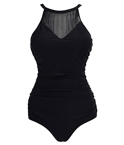 VILOREE Damen Schlankheits Badeanzug Raffung Einteiler High Neck Bademode Strandmode Schwarz #2 M von VILOREE