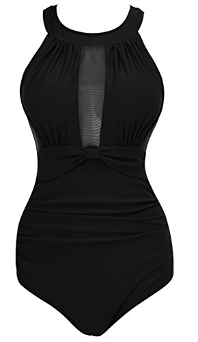 VILOREE Damen Schlankheits Badeanzug Raffung Einteiler High Neck Bademode Strandmode Schwarz M von VILOREE