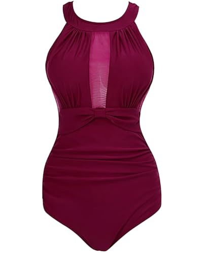 VILOREE Damen Schlankheits Badeanzug Raffung Einteiler High Neck Bademode Strandmode Weinrot M von VILOREE