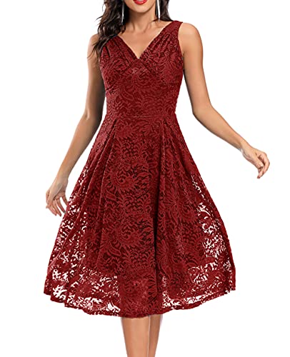 VILOREE Damen Spitze Swing Kleid Ärmellos Cocktailkleider Brautjungfern Party Abschlussball Burgundy S von VILOREE