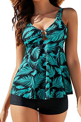 VILOREE Damen Tankini Set Figuroptimizer Zweiteilig Blumen Bademode Mit Hotpants Grüne Blätter (N96) 3XL von VILOREE