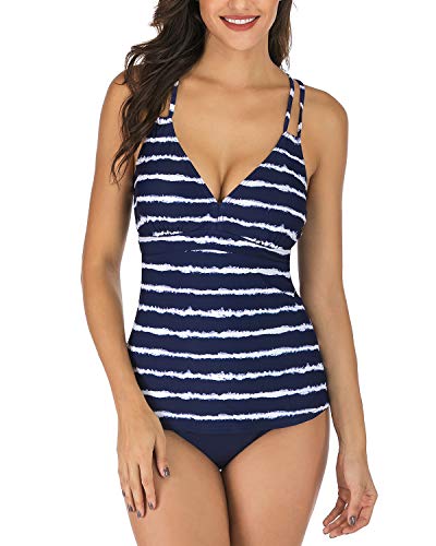 VILOREE Damen Tankini Set Push Up Bauchweg mit Slip Neckholder Bademode Zweiteilig Figuroptimizer Navy & Weiss Streifen XL von VILOREE