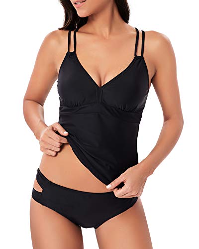 VILOREE Damen Tankini Set Push Up Bauchweg mit Slip Neckholder Bademode Zweiteilig Figuroptimizer Schwarz S von VILOREE