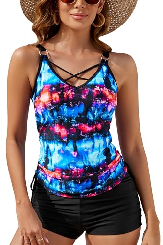 VILOREE Damen Tankini Set Vintage Bauchweg Zweiteiliger Badeanzug Große Größen Bademode Swimsuit mit Boy Shorts Rot & Blau (109) XXL von VILOREE