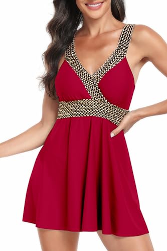 VILOREE Damen Tankini Set Zweiteilige Bademode Badekleid mit Hose V-Ausschnitt Figurformender Bauchweg Burgundy M von VILOREE