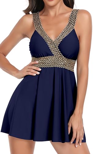 VILOREE Damen Tankini Set Zweiteilige Bademode Badekleid mit Hose V-Ausschnitt Figurformender Bauchweg Navy L von VILOREE