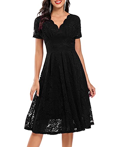 VILOREE Elegante Damen Kleid Spitze Halbarme Swing Cocktailkleider Party Abschlussball Schwarz XL von VILOREE