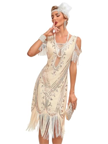 VILOREE Elegante Damen Paillettenkleid Schulterfrei Tanzkleid Bodycon Ballsaal Kleider Club Outfits mit Quasten Fransenkleid Beige XXL von VILOREE