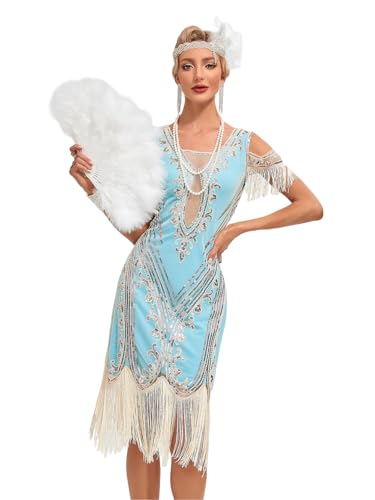 VILOREE Elegante Damen Paillettenkleid Schulterfrei Tanzkleid Bodycon Ballsaal Kleider Club Outfits mit Quasten Fransenkleid Hellblau M von VILOREE