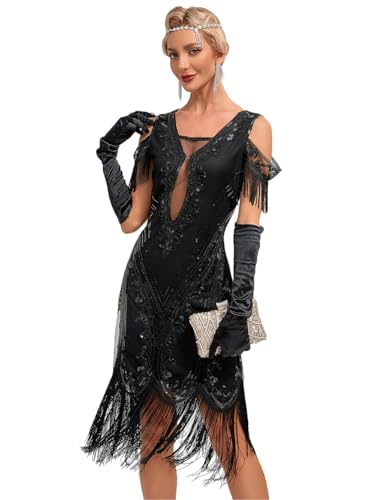 VILOREE Elegante Damen Paillettenkleid Schulterfrei Tanzkleid Bodycon Ballsaal Kleider Club Outfits mit Quasten Fransenkleid Schwarz S von VILOREE