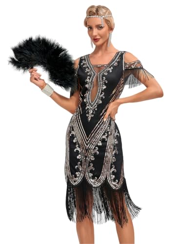 VILOREE Elegante Damen Paillettenkleid Schulterfrei Tanzkleid Bodycon Ballsaal Kleider Club Outfits mit Quasten Fransenkleid Schwarz & Gold S von VILOREE