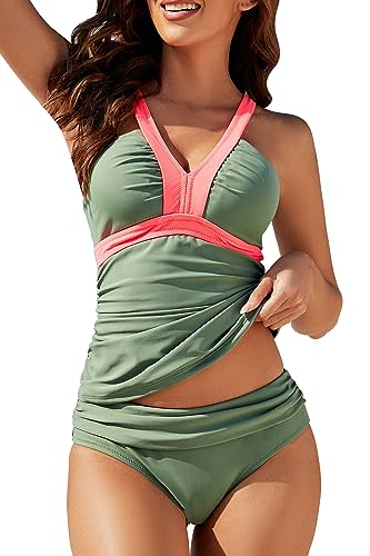 VILOREE Mode Damen Tankini Set Zweiteilige Bademode Badeanzug Nechholder Bauchweg Grün (N102) S von VILOREE