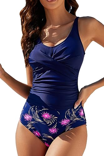 VILOREE Mode Damen Tankini Set Zweiteilige Bademode Badeanzug Nechholder Bauchweg Navy (N101) XXL von VILOREE