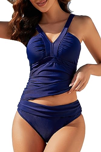 VILOREE Mode Damen Tankini Set Zweiteilige Bademode Badeanzug Nechholder Bauchweg Navy (N102) L von VILOREE