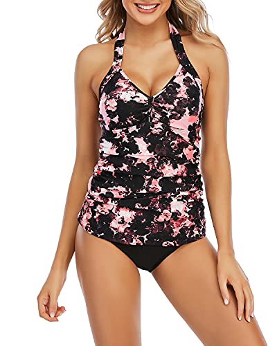 VILOREE Mode Damen Tankini Set Zweiteilige Bademode Badeanzug Nechholder Bauchweg Rosa & Schwarz S von VILOREE